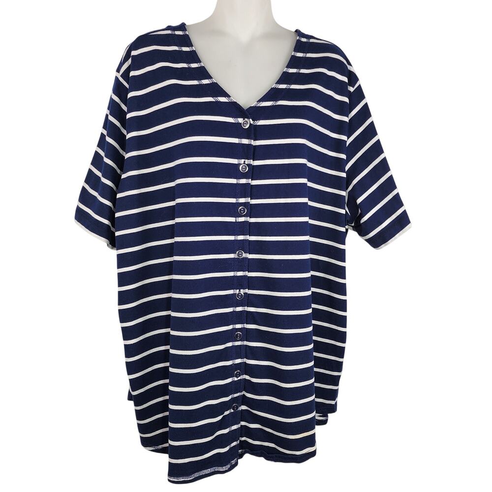 Essentials by Maggie Women Top Striped Size 26/28W Short Sleeve V-Neck Button Up